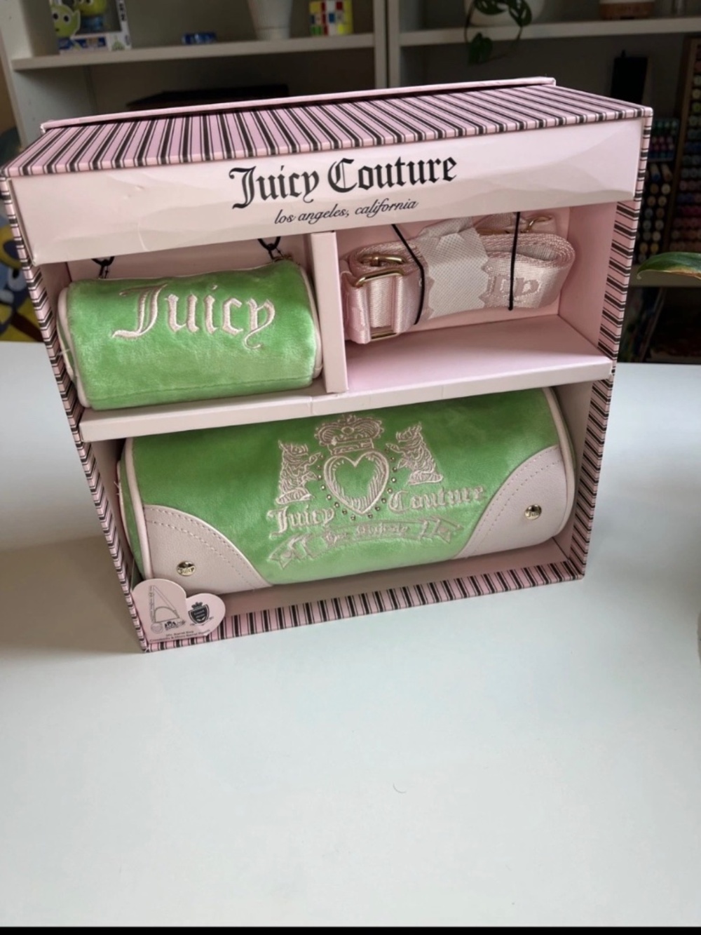 Juicy Couture Her Majesty Green Pink 3PC Barrel Bag Set NWT New in Box